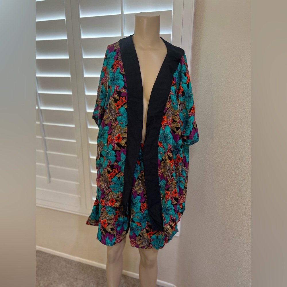 Vintage floral Open Cardigan And Pant Set Pull on stretch waist summer Beach XL
